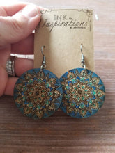 Load image into Gallery viewer, Lightweight Ocean Mist wooden mandala earrings close-up