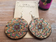 Load image into Gallery viewer, Lightweight colorful wood earrings with engraved mandala pattern