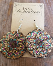 Load image into Gallery viewer, Hand-painted colorful wooden mandala earrings close-up