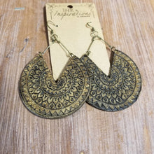 Load image into Gallery viewer, Tribal-inspired engraved wood dangle earrings close-up