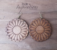 Load image into Gallery viewer, Daisy wood statement earrings shown on a model