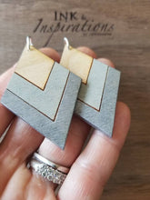 Load image into Gallery viewer, Lightweight silver chevron wood earrings close-up