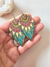 Load image into Gallery viewer, Colorful Feather Wood Earrings with Mandala: Hand-Painted Boho Dangles - handmade wood earrings - Ink & Inspirations Boutique