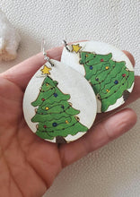 Load image into Gallery viewer, Festive Christmas Tree Dangle Earrings: Hand-Painted Wood Christmas Jewelry handmade wood earrings - image 1