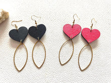 Load image into Gallery viewer, Red or Black Wood Metal Heart Dangles: Elegant Valentines Earrings Gifts handmade wood earrings - image 1