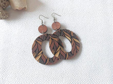 Load image into Gallery viewer, Leaf Hoops wood earrings in alternate hand-painted color