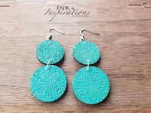 Load image into Gallery viewer, Tahiti Caribbean blue stacked circle wood earrings with silver-tone accents, original Etsy photo 4
