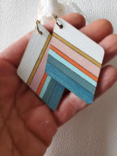 Load image into Gallery viewer, Striped wood statement earrings with turquoise blue and warm summer colors
