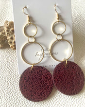 Load image into Gallery viewer, Winter Vibe burgundy wood dangle earrings with engraved mandala design and gold-tone circle links