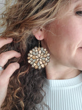 Load image into Gallery viewer, Colorful wood flower earrings in peach taupe and metallic gold, front view