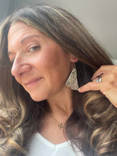 Load image into Gallery viewer, Handmade zebra striped wood statement earring worn