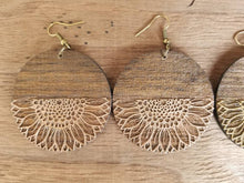 Load image into Gallery viewer, Sunrise Half Sunflower Rose Gold, Wood Earrings