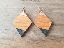 Load image into Gallery viewer, Diamond Block Wood Dangle Earrings