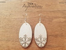 Load image into Gallery viewer, Silver Snow Snowflake Wood Earrings