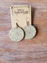 Load image into Gallery viewer, Lightweight gold mandala wood earrings close-up
