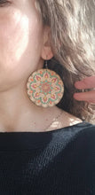 Load image into Gallery viewer, Colorful handmade wood mandala earrings in a bold boho statement style
