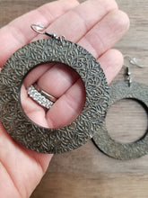 Load image into Gallery viewer, Boho wood hoop earrings with mandala-inspired engraving

