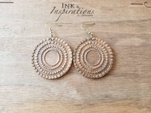 Load image into Gallery viewer, Lightweight boho wood mandala earrings close-up
