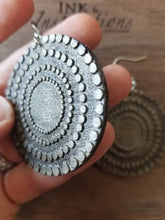 Load image into Gallery viewer, Round Wood Mandala Earrings: Silver Bohemian Dangles with Engraved Circles - handmade wood earrings - Ink &amp; Inspirations Boutique
