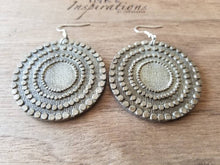 Load image into Gallery viewer, Round Wood Mandala Earrings: Silver Bohemian Dangles with Engraved Circles - handmade wood earrings - Ink &amp; Inspirations Boutique
