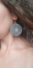 Load image into Gallery viewer, Round Wood Mandala Earrings: Silver Bohemian Dangles with Engraved Circles - handmade wood earrings - Ink &amp; Inspirations Boutique
