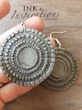 Load image into Gallery viewer, Round Wood Mandala Earrings: Silver Bohemian Dangles with Engraved Circles - handmade wood earrings - Ink &amp; Inspirations Boutique
