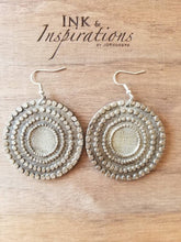 Load image into Gallery viewer, Round Wood Mandala Earrings: Silver Bohemian Dangles with Engraved Circles - handmade wood earrings - Ink &amp; Inspirations Boutique
