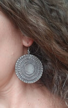 Load image into Gallery viewer, Round Wood Mandala Earrings: Silver Bohemian Dangles with Engraved Circles - handmade wood earrings - Ink &amp; Inspirations Boutique
