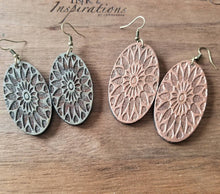 Load image into Gallery viewer, Engraved Mandala Wood Earrings: Boho Flower Statement Jewelry - handmade wood earrings - Ink &amp; Inspirations Boutique
