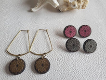 Load image into Gallery viewer, Boho flower wood earrings dangle and stud set
