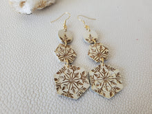 Load image into Gallery viewer, Christmas Snowflake Wood Dangles: White Snowflake Earrings for Winter - handmade wood earrings - Ink &amp; Inspirations Boutique
