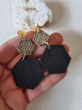Load image into Gallery viewer, Hexagon Wood Dangles: Lightweight Post Earrings, Unique Handmade Jewelry - handmade wood earrings - Ink &amp; Inspirations Boutique
