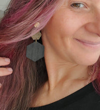 Load image into Gallery viewer, Hexagon Wood Dangles: Lightweight Post Earrings, Unique Handmade Jewelry - handmade wood earrings - Ink &amp; Inspirations Boutique
