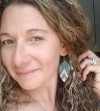 Load image into Gallery viewer, Chevron Wood Earrings: Boho Chic Unique Earrings for Hippies, Colorful Bohemian Vibes handmade wood earrings - Ink &amp; Inspirations Boutique
