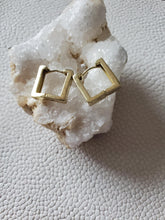 Load image into Gallery viewer, Square Brass Hoop Earrings: Gold Huggie Stacking Earrings - handmade wood earrings - Ink &amp; Inspirations Boutique
