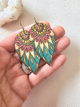 Load image into Gallery viewer, Colorful Feather Wood Earrings with Mandala: Hand-Painted Boho Dangles - handmade wood earrings - Ink &amp; Inspirations Boutique
