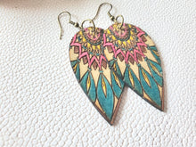Load image into Gallery viewer, Colorful Feather Wood Earrings with Mandala: Hand-Painted Boho Dangles - handmade wood earrings - Ink &amp; Inspirations Boutique
