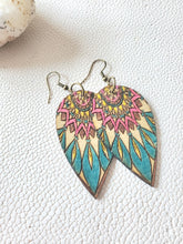 Load image into Gallery viewer, Colorful Feather Wood Earrings with Mandala: Hand-Painted Boho Dangles - handmade wood earrings - Ink &amp; Inspirations Boutique
