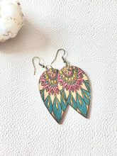 Load image into Gallery viewer, Colorful Feather Wood Earrings with Mandala: Hand-Painted Boho Dangles - handmade wood earrings - Ink &amp; Inspirations Boutique
