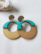 Load image into Gallery viewer, Mid Century Hoop Earrings: Colorful Wood Hoops with Gold Post handmade wood earrings - Ink &amp; Inspirations Boutique
