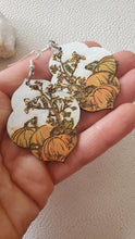 Load image into Gallery viewer, Fall Scene Pumpkin Wood Earrings: Hand Painted Lightweight Dangles, Fall Gifts handmade wood earrings - Ink &amp; Inspirations Boutique
