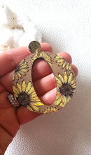 Load image into Gallery viewer, Sunflower Oversized Wood Hoops with Post Dangles: Boho Statement Jewelry - handmade wood earrings - Ink &amp; Inspirations Boutique
