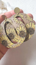 Load image into Gallery viewer, Sunflower Oversized Wood Hoops with Post Dangles: Boho Statement Jewelry - handmade wood earrings - Ink &amp; Inspirations Boutique
