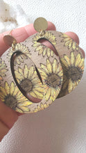 Load image into Gallery viewer, Sunflower Oversized Wood Hoops with Post Dangles: Boho Statement Jewelry - handmade wood earrings - Ink &amp; Inspirations Boutique
