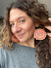 Load image into Gallery viewer, Statement Flower Bloom Wood Earrings hand painted in Vibrant WaterColors: Lightweight Oversized Dangles handmade wood earrings - image 1
