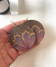 Load image into Gallery viewer, Maple Leaf Wood Earrings for Fall with Deep Mulberry and Gold: Unique Jewelry Gifts handmade wood earrings - Ink &amp; Inspirations Boutique
