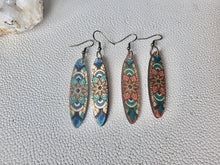 Load image into Gallery viewer, Handmade Oval Wood Dangles: Colorful Mandala Earrings, Lightweight Boho Jewelry handmade wood earrings - Ink &amp; Inspirations Boutique

