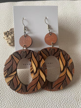 Load image into Gallery viewer, Leaf Hoops boho earrings with oversized circular wood design
