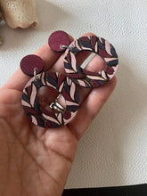 Load image into Gallery viewer, Leaf Hoops hand-painted wood earrings in brown and camel tones
