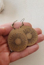 Load image into Gallery viewer, Bronze metallic wood teardrop earrings with sunburst details
